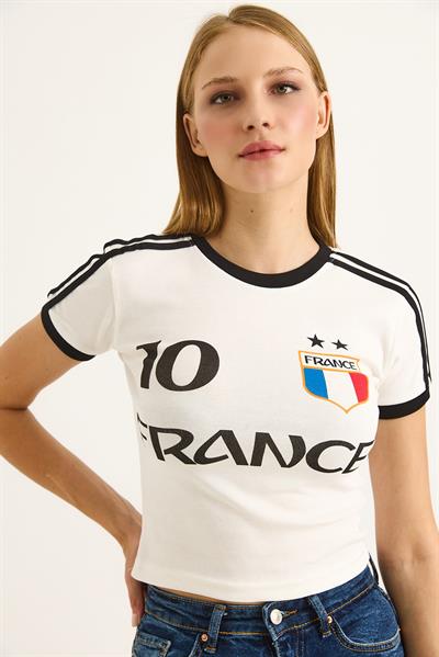 Bisiklet Yaka Baskılı Crop Tshirt Beyaz