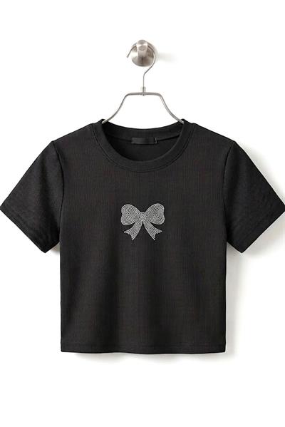 Kadın Taş Baskılı Kısa Kollu Kaşkorse Crop Bluz Siyah