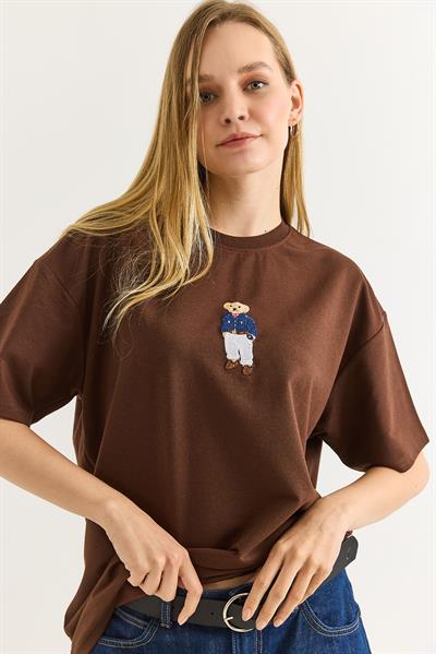 Ayıcık Nakışlı Rahat Kalıplı Tshirt Kahverengi
