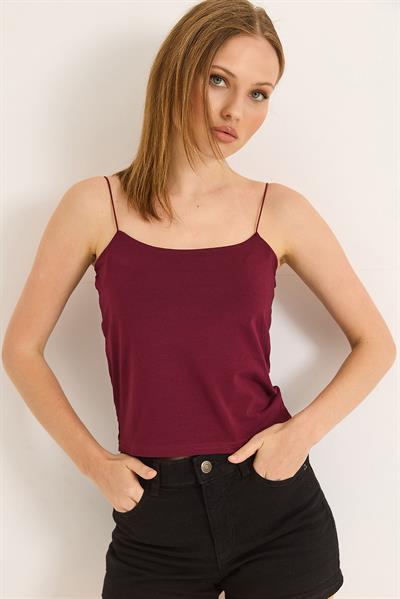 İp Askılı Uzun Crop Bluz Bordo