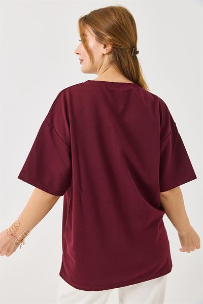 Baskılı Bisiklet Yaka Tshirt Bordo