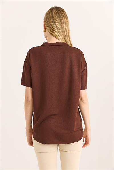V Yaka Arkası Uzun Basic Tshirt Kahverengi
