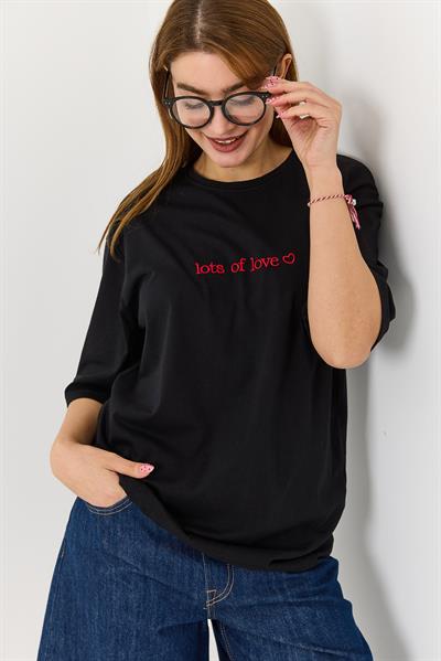 Kadın Yazı Baskılı Bisiklet Yaka Tshirt Siyah