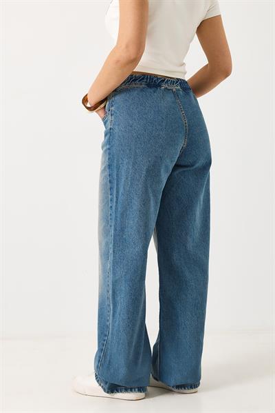 Kadın Beli Lastikli Bol Kesim Kot Pantolon Mavi