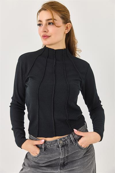 Kadın Dikiş Detaylu Esnek Uzun Kollu Bluz Siyah