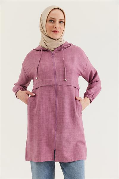 Araboy Kapşonlu Keten Kap Gül Kurusu