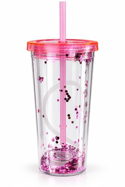 LED Işıklı Simli Pipetli Bardak Pembe
