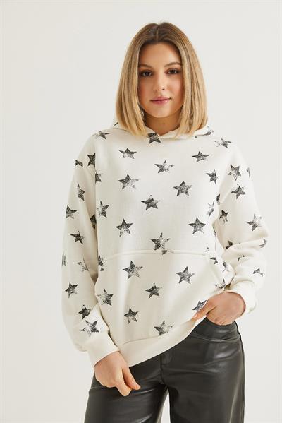 Yıldız Baskılı Oversize Kapüşonlu Sweatshirt Ekru