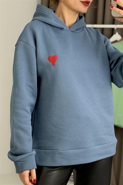 Üç İplik İndigo Kalp Nakışlı Şardonlu Kapişonlu Sweat