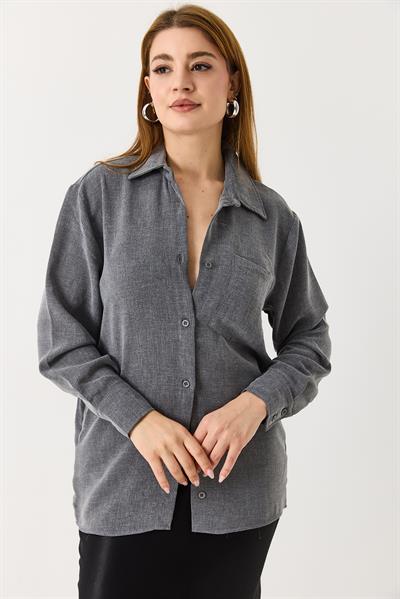 Kadın Oversize Müslin Kumaş Basic Gömlek Gri