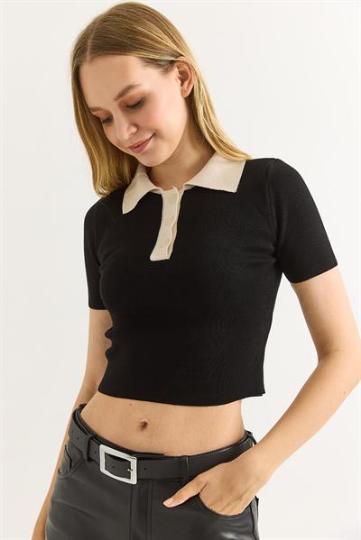 Polo Yaka Düğmeli Crop Bluz Siyah