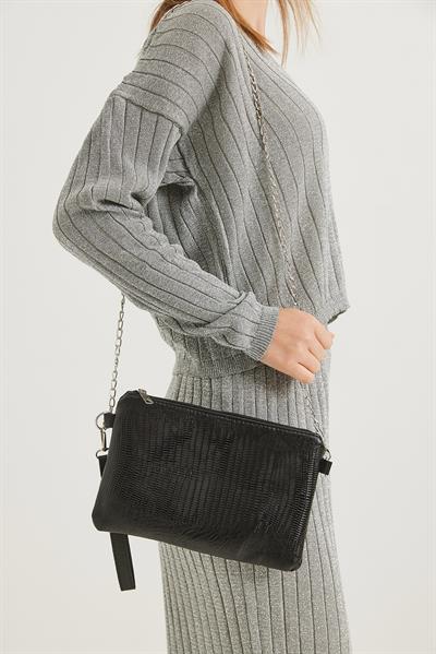 Deri Görünümlü Zincir Askılı El Ve Omuz Çantası Siyah1