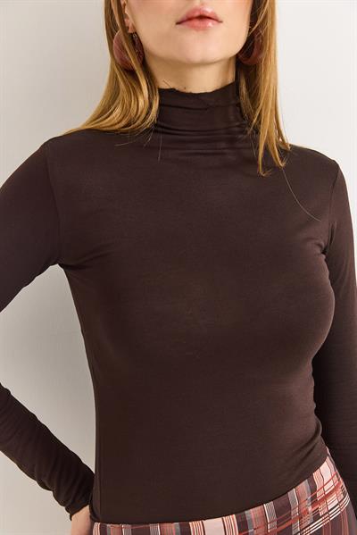 Kadın Siyah Balıkçı Yaka Transparan Kaşmir Bluz Kahverengi