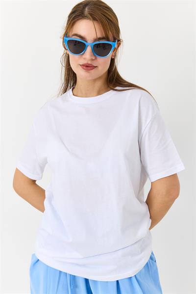 Kadın Bisiklet Yaka Baskısız Düz Bisiklet Yaka Tshirt Beyaz