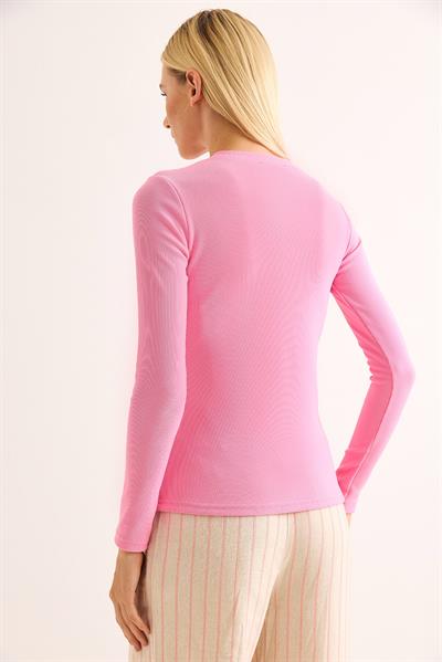 Gold Düğmeli Yırtmaçlı Bluz Pembe