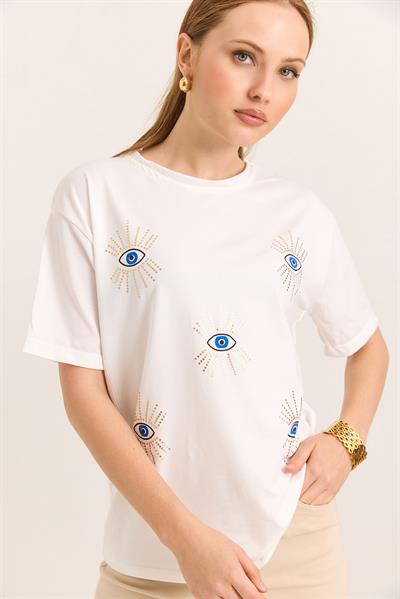 Göz İşlemeli Yumuşak Dokulu Tşhirt Beyaz