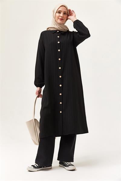 Keten Düğmeli Uzun Tesettür Tunik Siyah