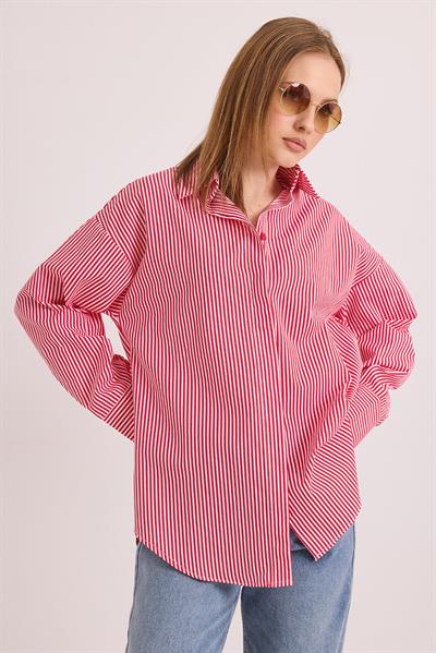 Çizgili Oversize Basic Gömlek Kırmızı