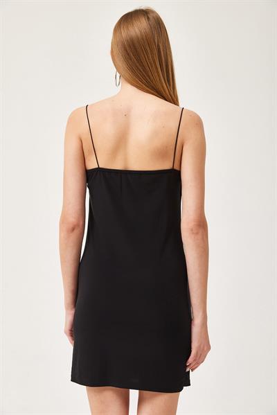 Degaje Yaka İp Askılı Mini Elbise Siyah