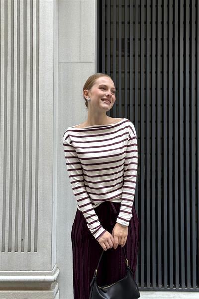 Çizgi Desen Geniş Yaka Uzun Kollu Bluz Mürdüm