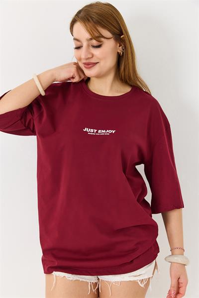 Kadın Yazı Baskılı Bisiklet Yaka Tshirt Bordo