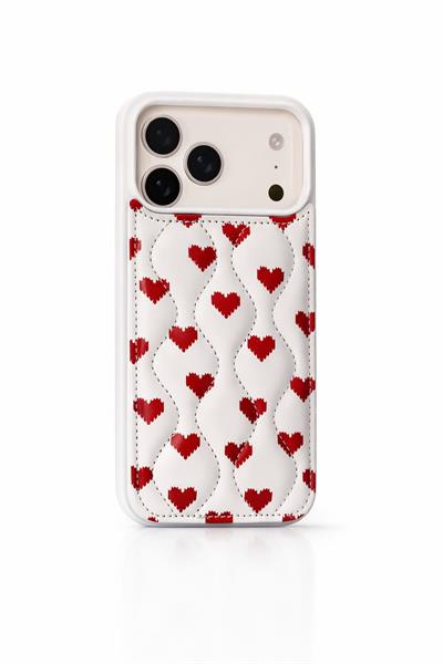 İphone 17 Pro Max Uyumlu Kalp Desenli Kabartmalı Kılıf Beyaz