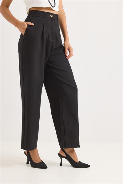 Yüksek Bel Bol Paça Pantalon Siyah