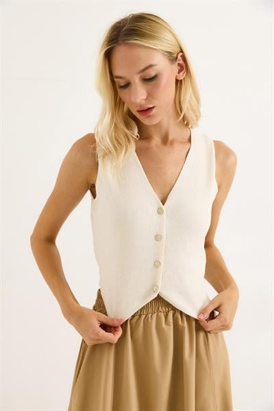 Arkası Dantel Detaylı Düğmeli Yelek Ekru