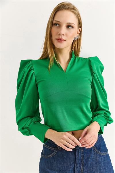 Kadın Hakim Yaka Prenses Kol Örme Bluz Yeşil