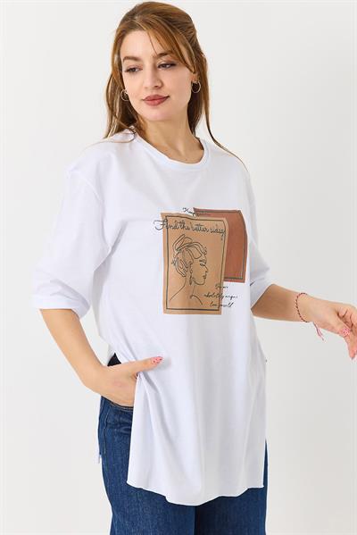 Kadın Figürlü Baskılı Bisiklet Yaka Tshirt Beyaz