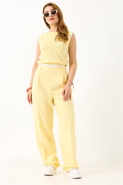 Kadın Beli Lastikli Salaş Rahat Kumaş Pantolon Sarı
