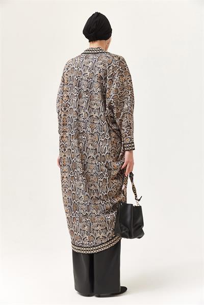 Oversize Şerit Detaylı Kimono Hırka Vizon