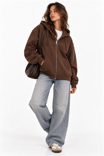 Kapüşonlu Fermuarlı Cepli Oversize Şardonlu Sweatshirt Kahve