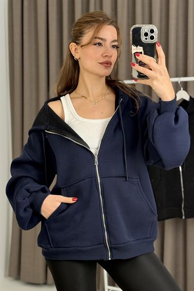 Kadın Oversize Kapüşonlu Cepli Sweatshirt Lacivert