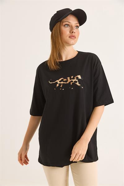 Ön Arka Nakışlı Oversize Pamuk T-Shirt Siyah