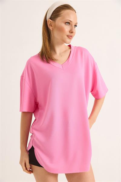 V Yaka Arkası Uzun Basic Tshirt Pembe