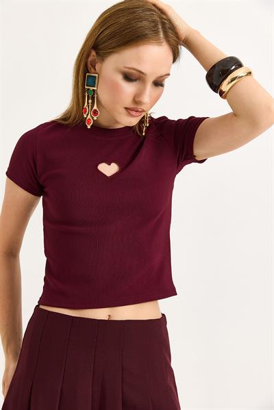 Kalp Detaylı Fitilli Örme Bluz Bordo