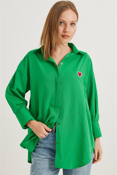 Kalp Nakışlı  Oversize Basic Gömlek Yeşil