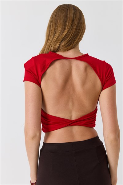 Kadın Bisiklet Yaka Sırt Dekolteli Crop Bluz Kırmızı