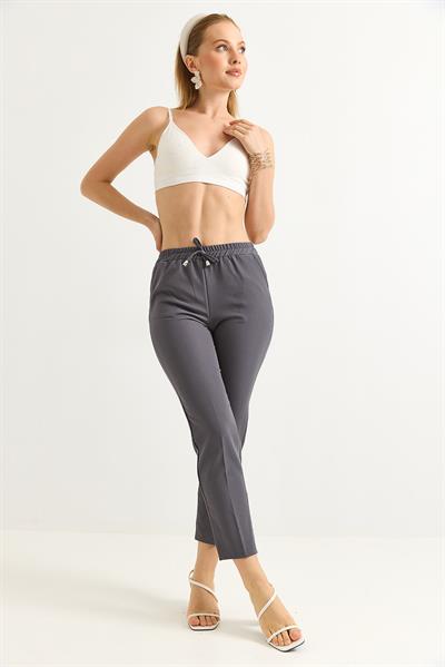 Beli Lastikli Kısa Paça Double Krep Pantolon Gri