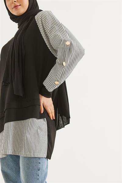 Kolu Ve Eteği Gömlek Garnili Tunik Siyah