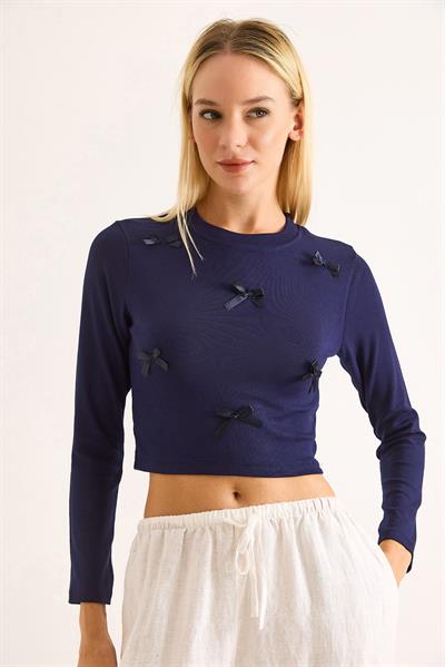 Kadın Kurdeleli Uzun Kollu Crop Bluz Lacivert