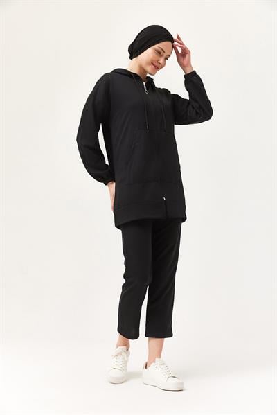 Kadın Kapüşonlu Fermuarlı İkili Takım Siyah