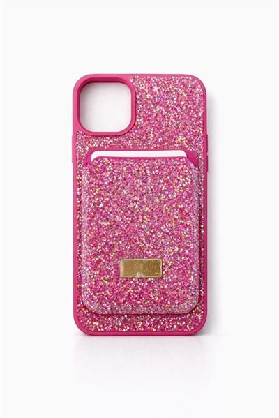 İphone 16 Pro Max Uyumlu Parlak ve Taşlı Kart Bölümlü Kılıf Pembe