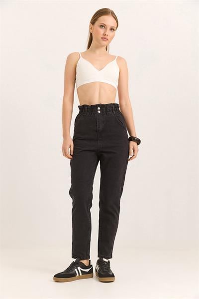 Yüksel Bel Beli Lastikli İki Düğmeli Kot Pantalon Siyah