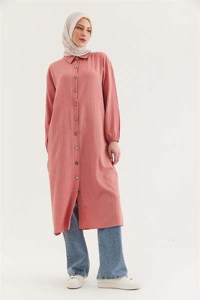 Keten Düğmeli Uzun Tesettür Tunik Gül Kurusu