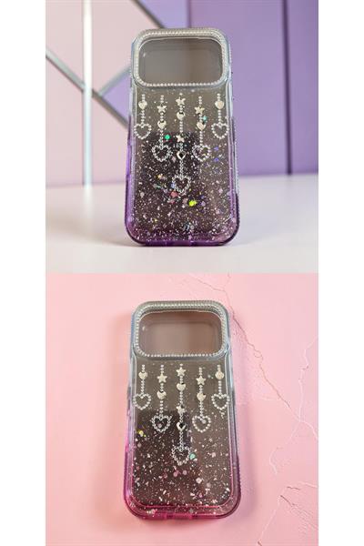İphone 17  Pro Uyumlu Şeffaf ve Mor Geçişli Kalp-Yıldız Taşlı KILIF mOR