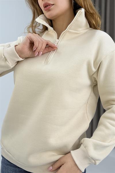 Kadın Vizon Yarım Fermuarlı Üç İplik Sweat 