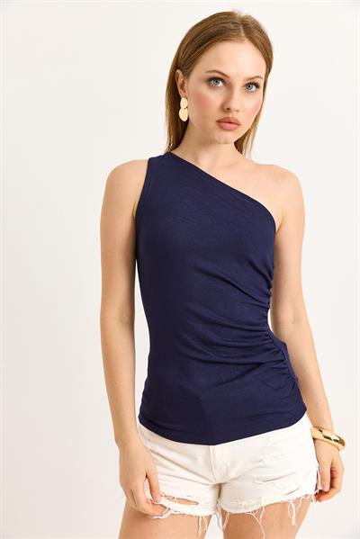 Tek Omuz Esnek Kumaş Bluz Lacivert