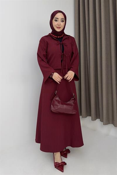 Kadın Önden Bağlamalı Crop Üst - Etekli Takım Bordo